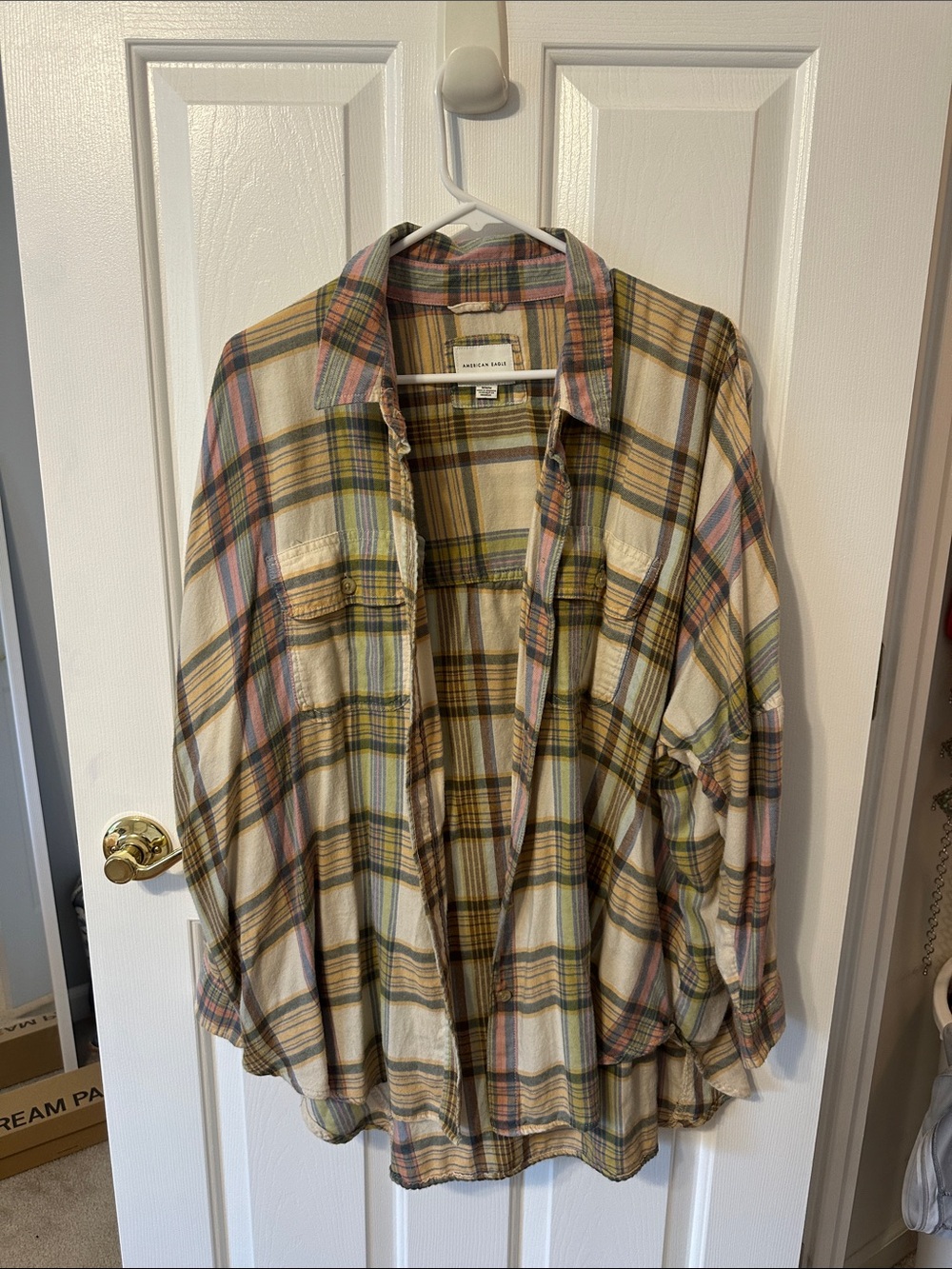 American Eagle Cream and Pastel Plaid Flannel Shirt